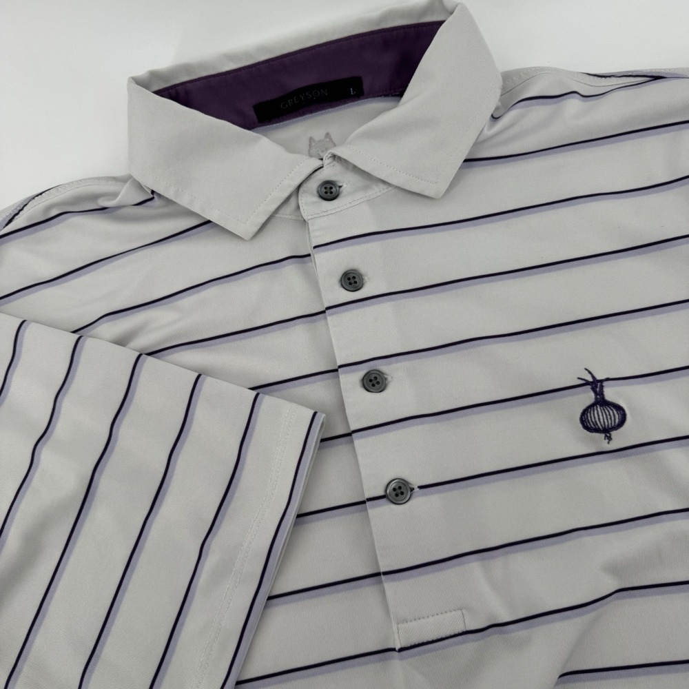 Greyson Clothiers Mens Large Striped Golf Polo Shirt Grey Purple Short Sleeve